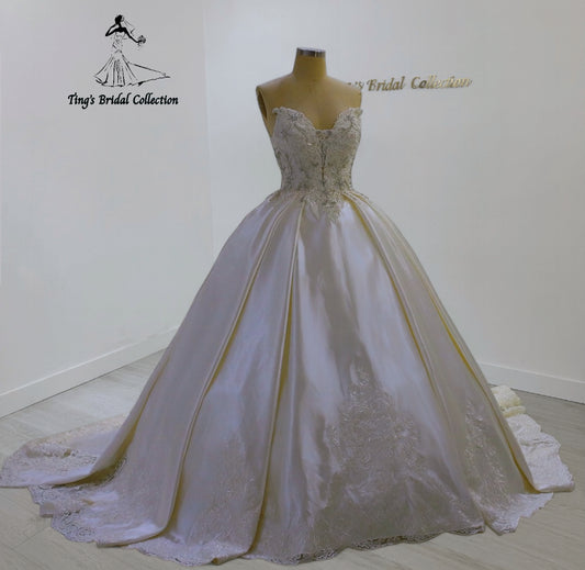 TBC-CM25 Made to order Ivory color beading with lace embroidered strapless satin ballgown wedding dress - Ting's Bridal Collection