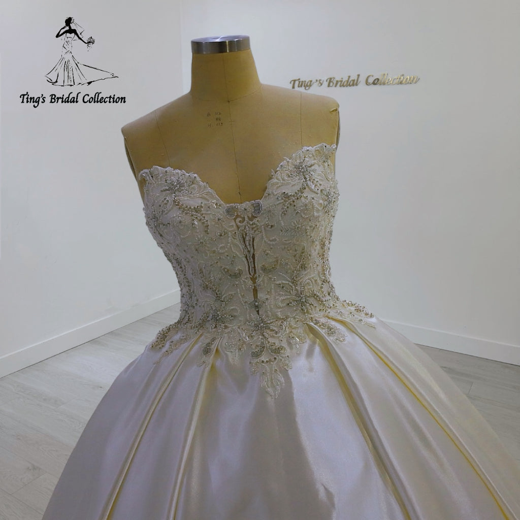 TBC-CM25 Made to order Ivory color beading with lace embroidered strapless satin ballgown wedding dress - Ting's Bridal Collection