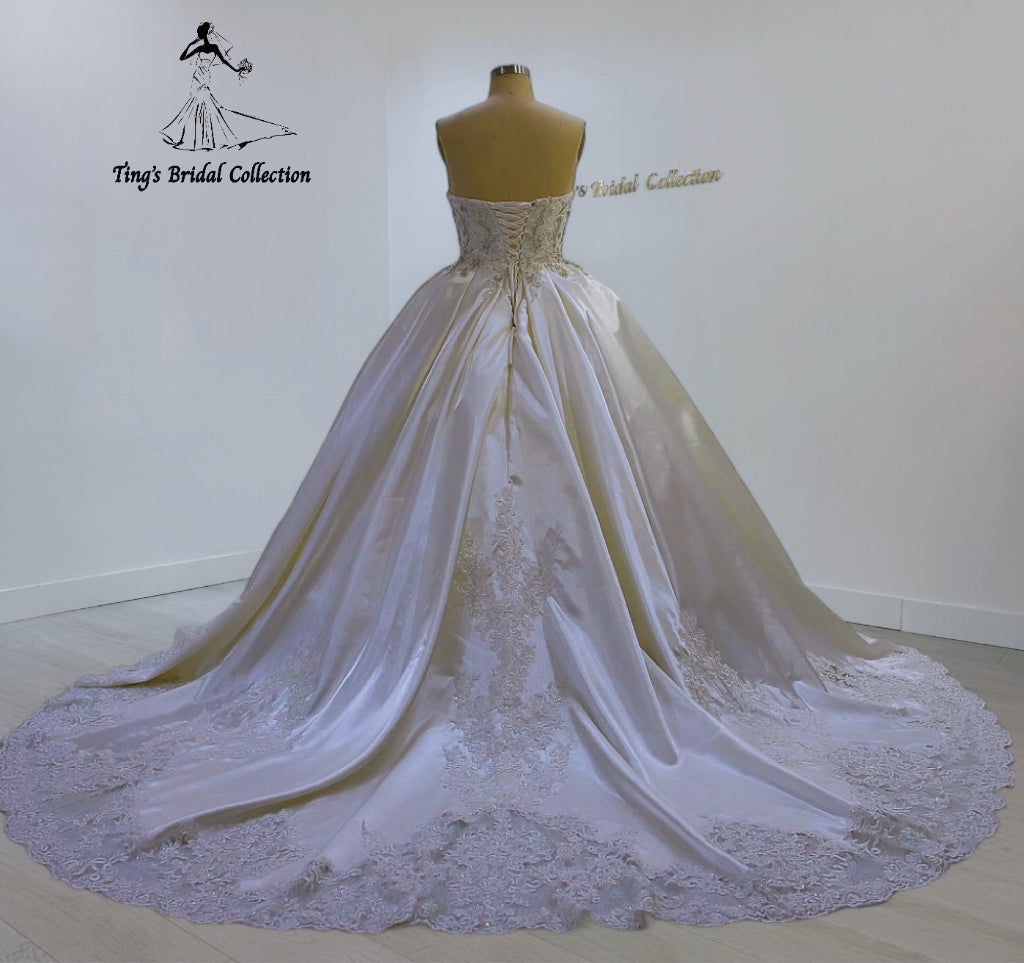 TBC-CM25 Made to order Ivory color beading with lace embroidered strapless satin ballgown wedding dress - Ting's Bridal Collection