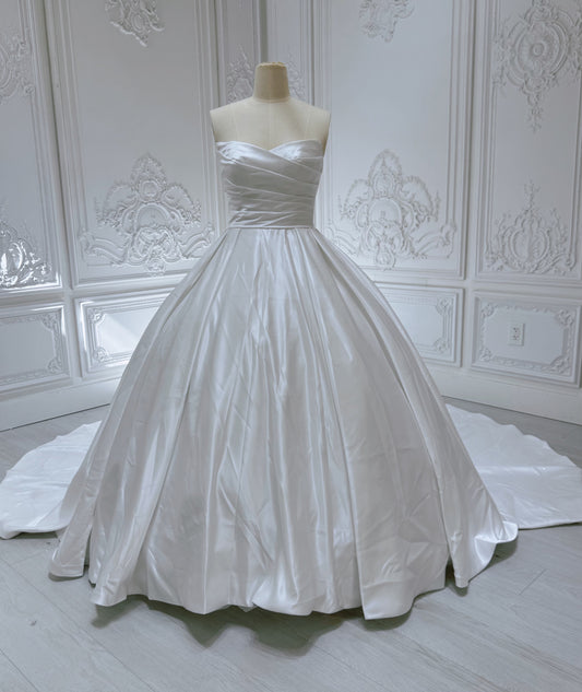 Custom-made white strapless pleated classic satin Aline wedding dress - Ting's Bridal Collection