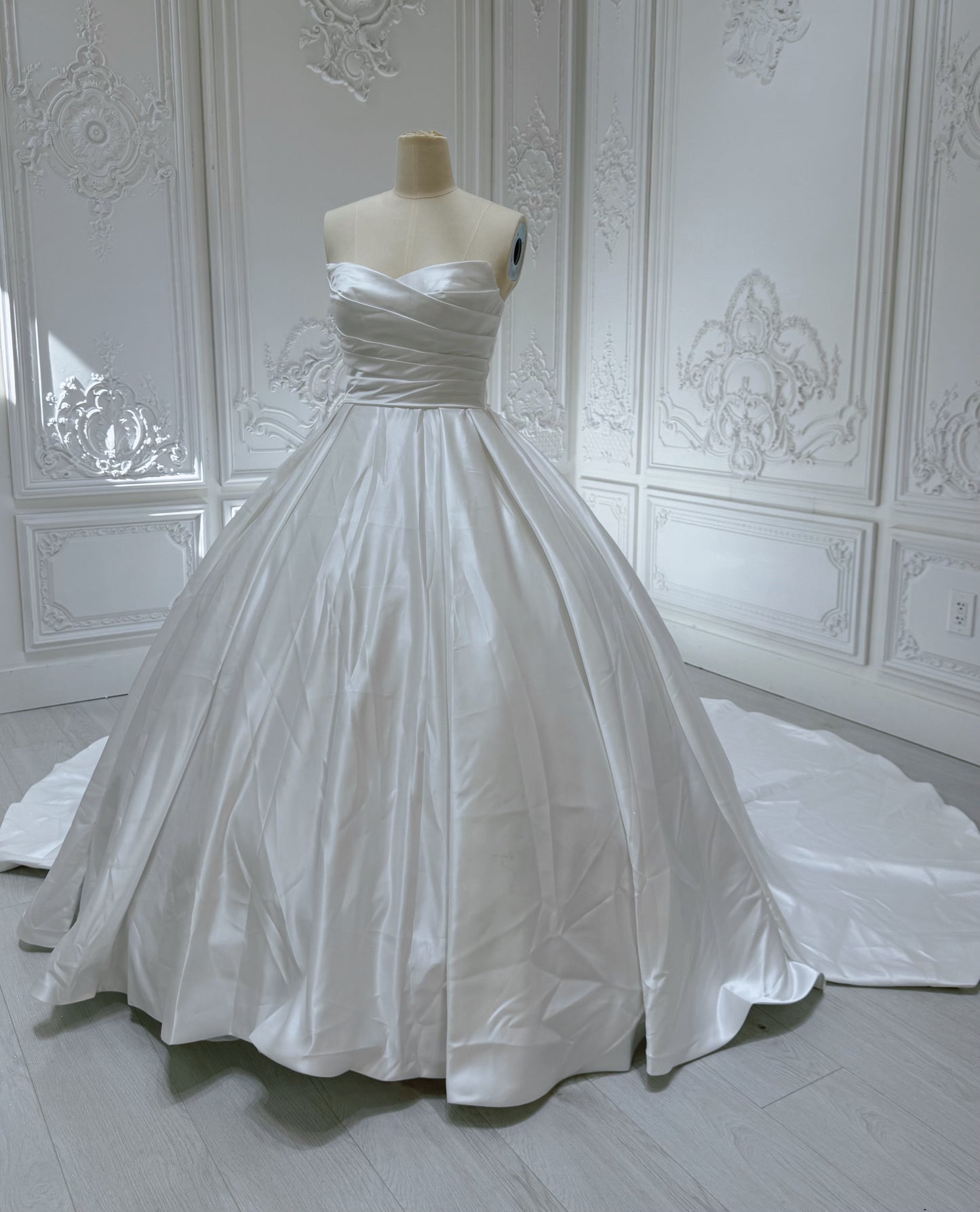 Custom-made white strapless pleated classic satin Aline wedding dress - Ting's Bridal Collection