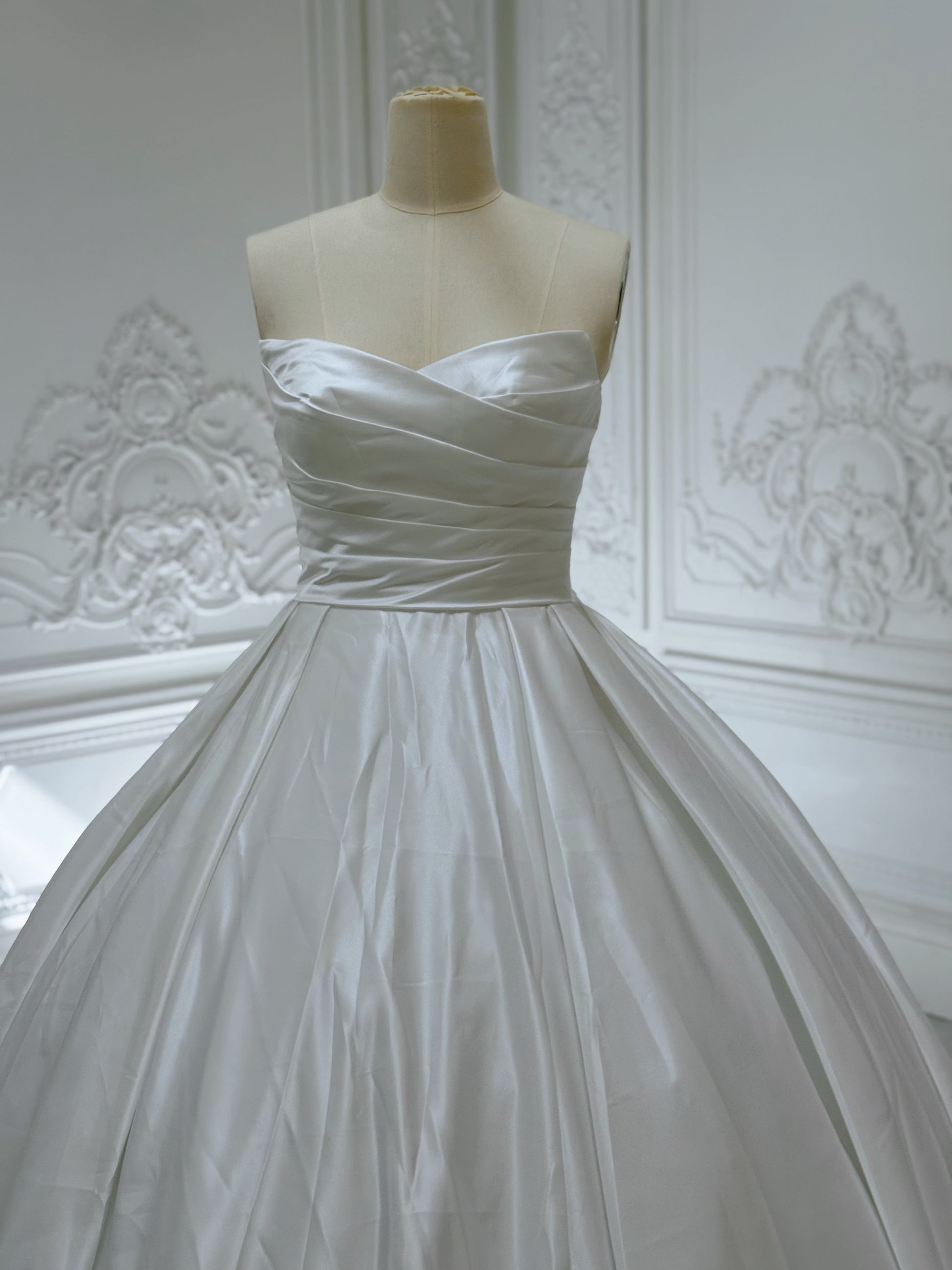 Custom-made white strapless pleated classic satin Aline wedding dress - Ting's Bridal Collection