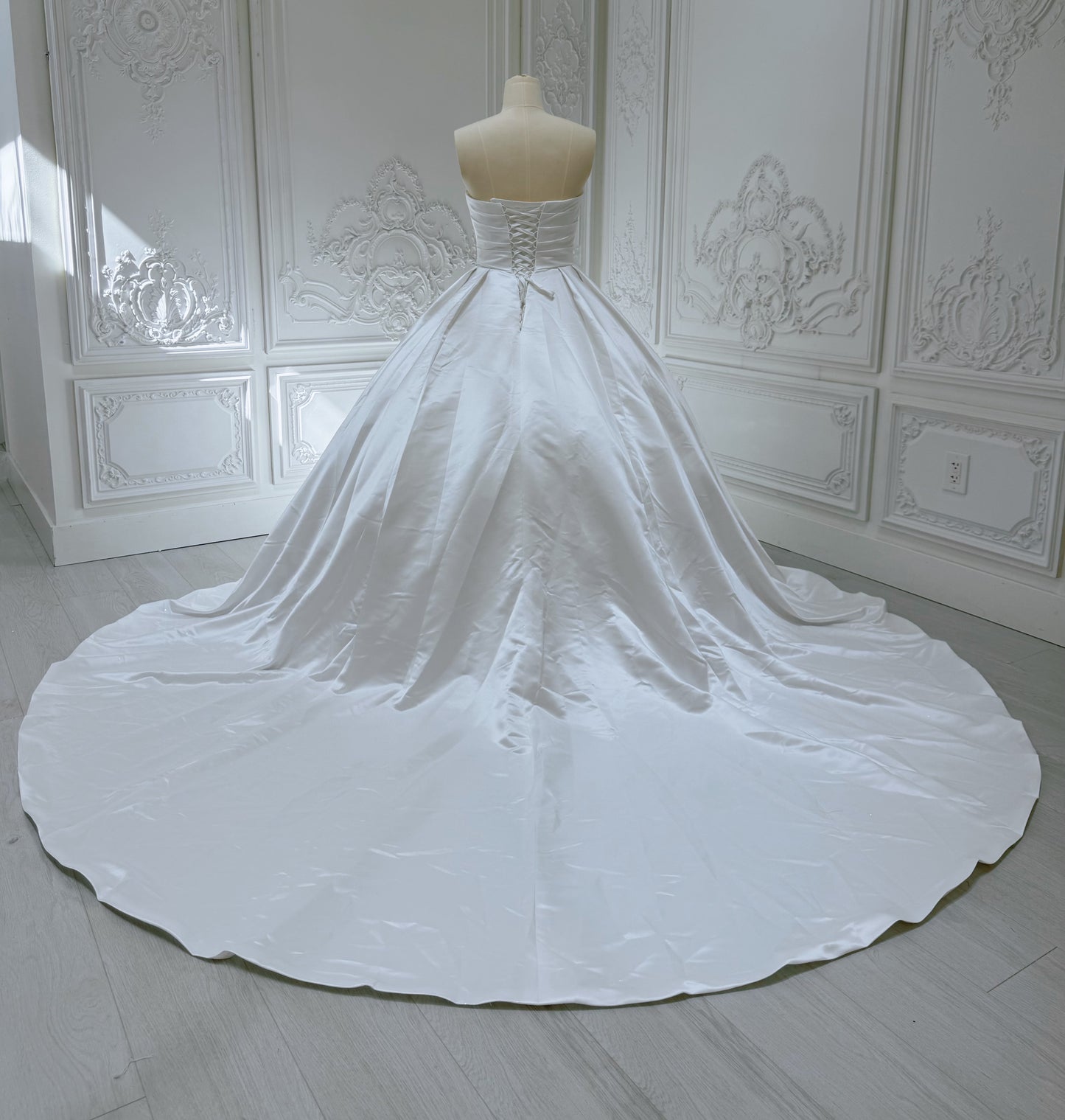 Custom-made white strapless pleated classic satin Aline wedding dress - Ting's Bridal Collection