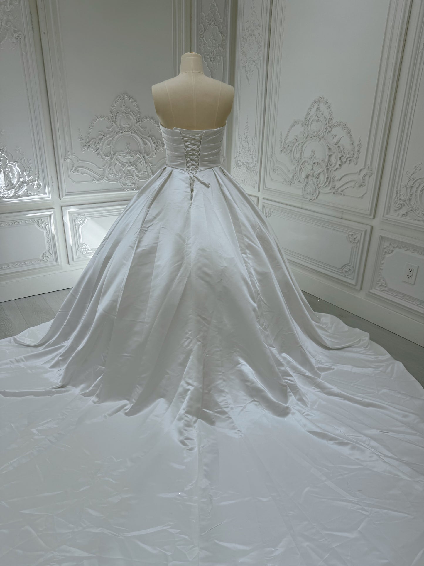 Custom-made white strapless pleated classic satin Aline wedding dress - Ting's Bridal Collection