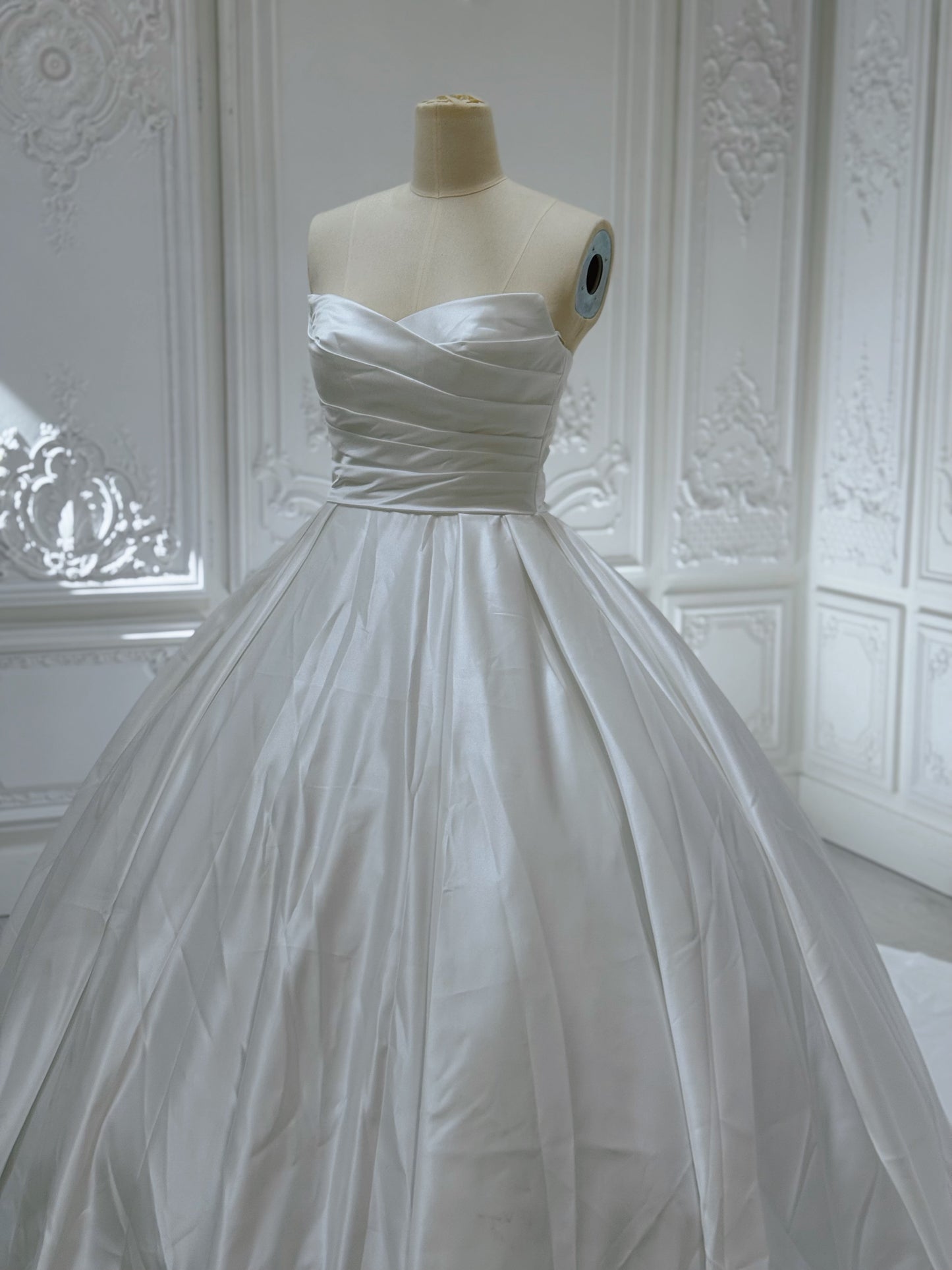 Custom-made white strapless pleated classic satin Aline wedding dress - Ting's Bridal Collection