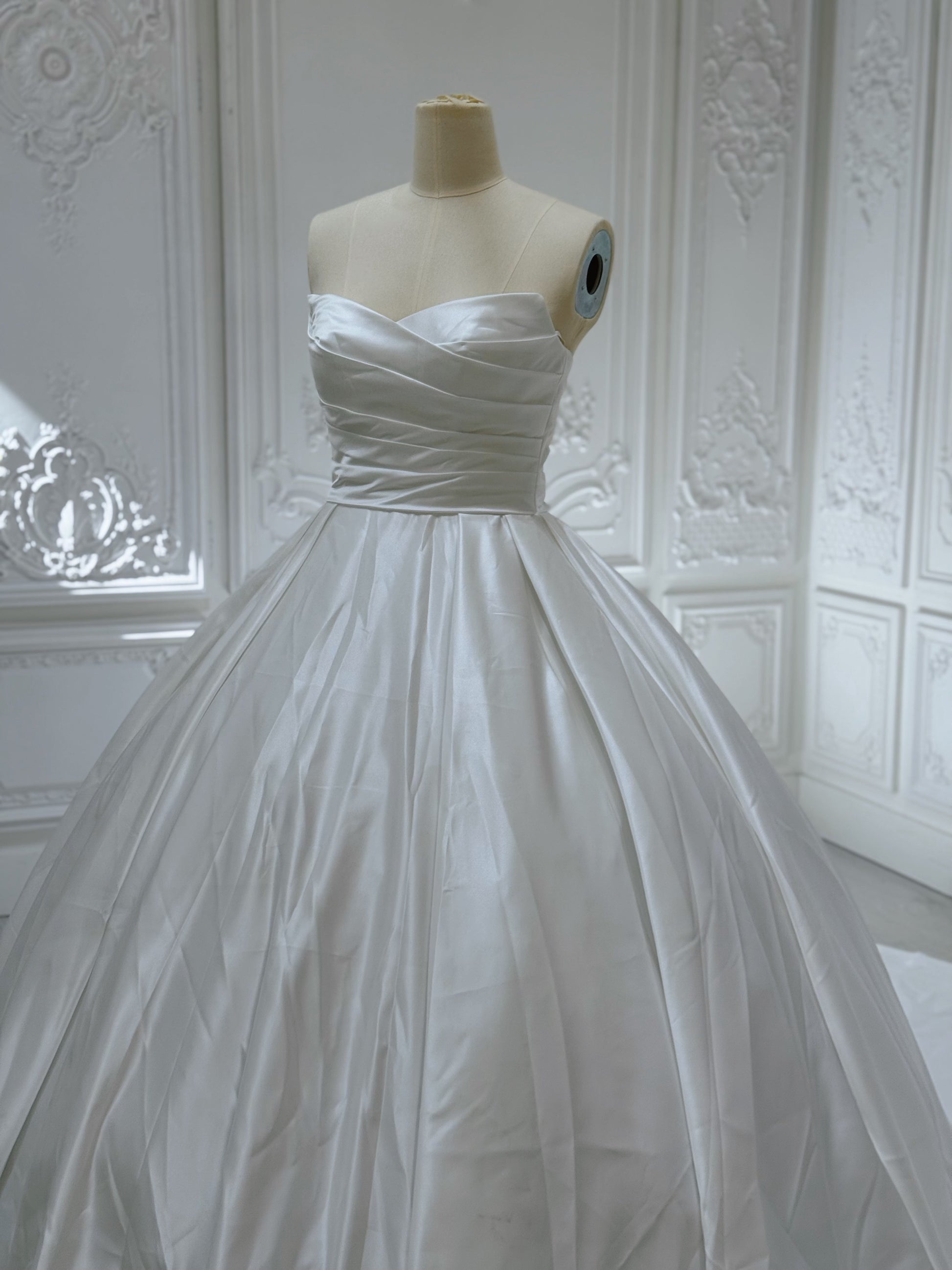 Custom-made white strapless pleated classic satin Aline wedding dress - Ting's Bridal Collection