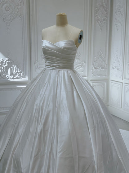 Custom-made white strapless pleated classic satin Aline wedding dress - Ting's Bridal Collection