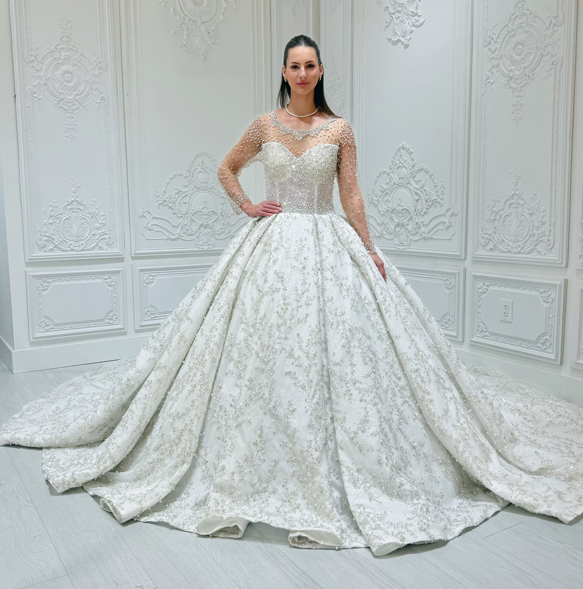 TBC-B002 Luxury beading off white long sleeve sparkling royal wedding dress - Ting's Bridal Collection