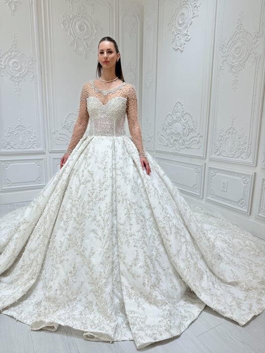 TBC-B002 Luxury beading off white long sleeve sparkling royal wedding dress - Ting's Bridal Collection