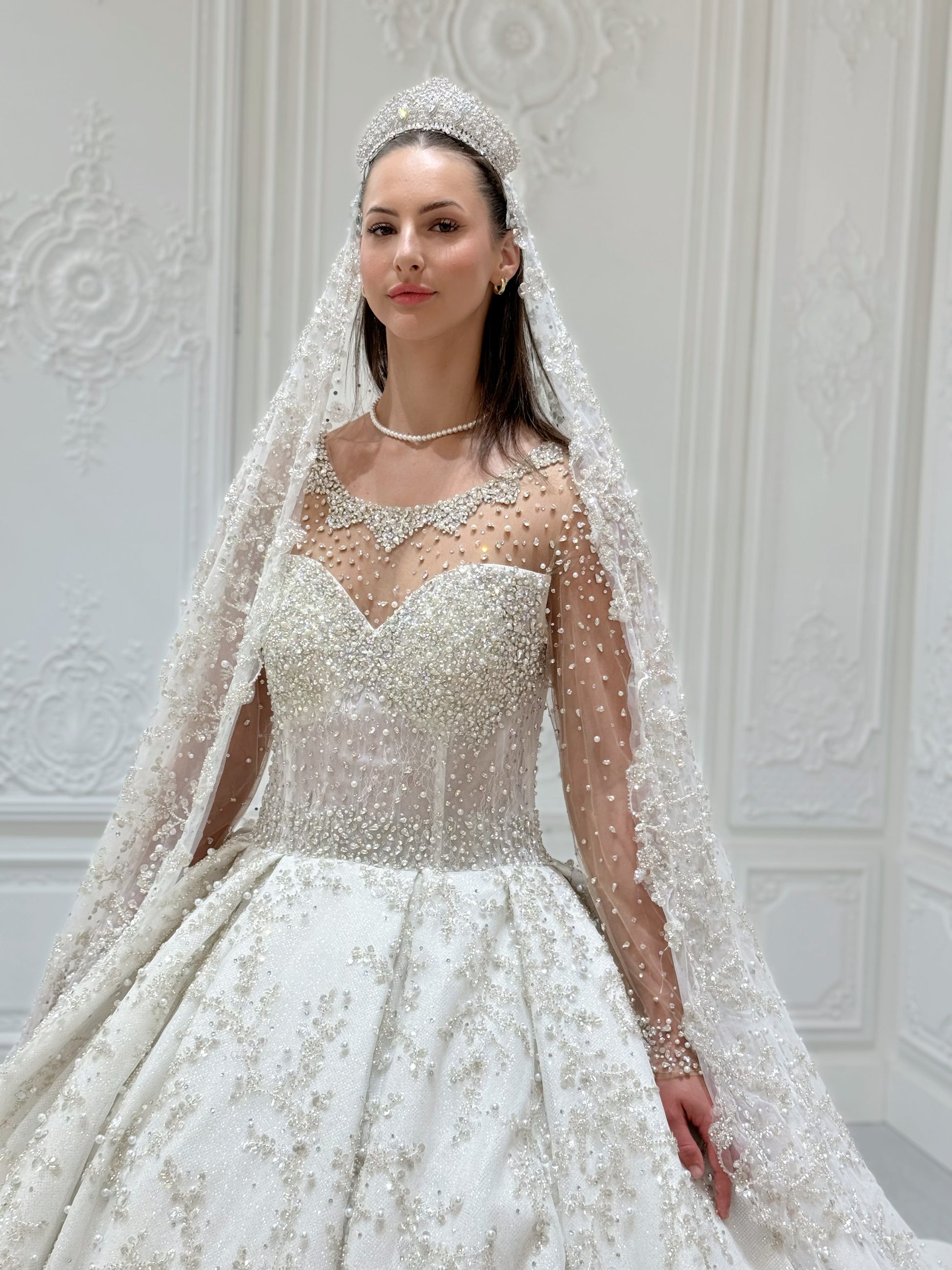 TBC-B002 Luxury beading off white long sleeve sparkling royal wedding dress - Ting's Bridal Collection