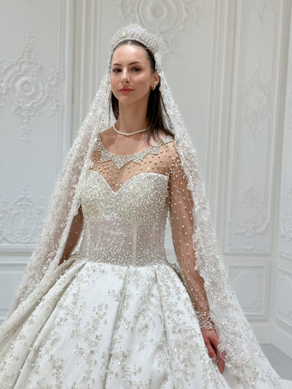 TBC-B002 Luxury beading off white long sleeve sparkling royal wedding dress - Ting's Bridal Collection