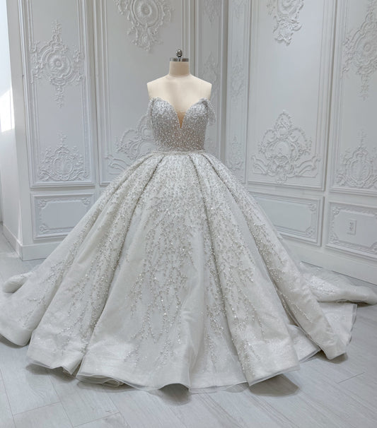 TBC-2IN1-008 Stock of pearl with beading lace off the shoulder 2 in 1 ballgown/mermaid wedding dress with detachable full skirt - Ting's Bridal Collection