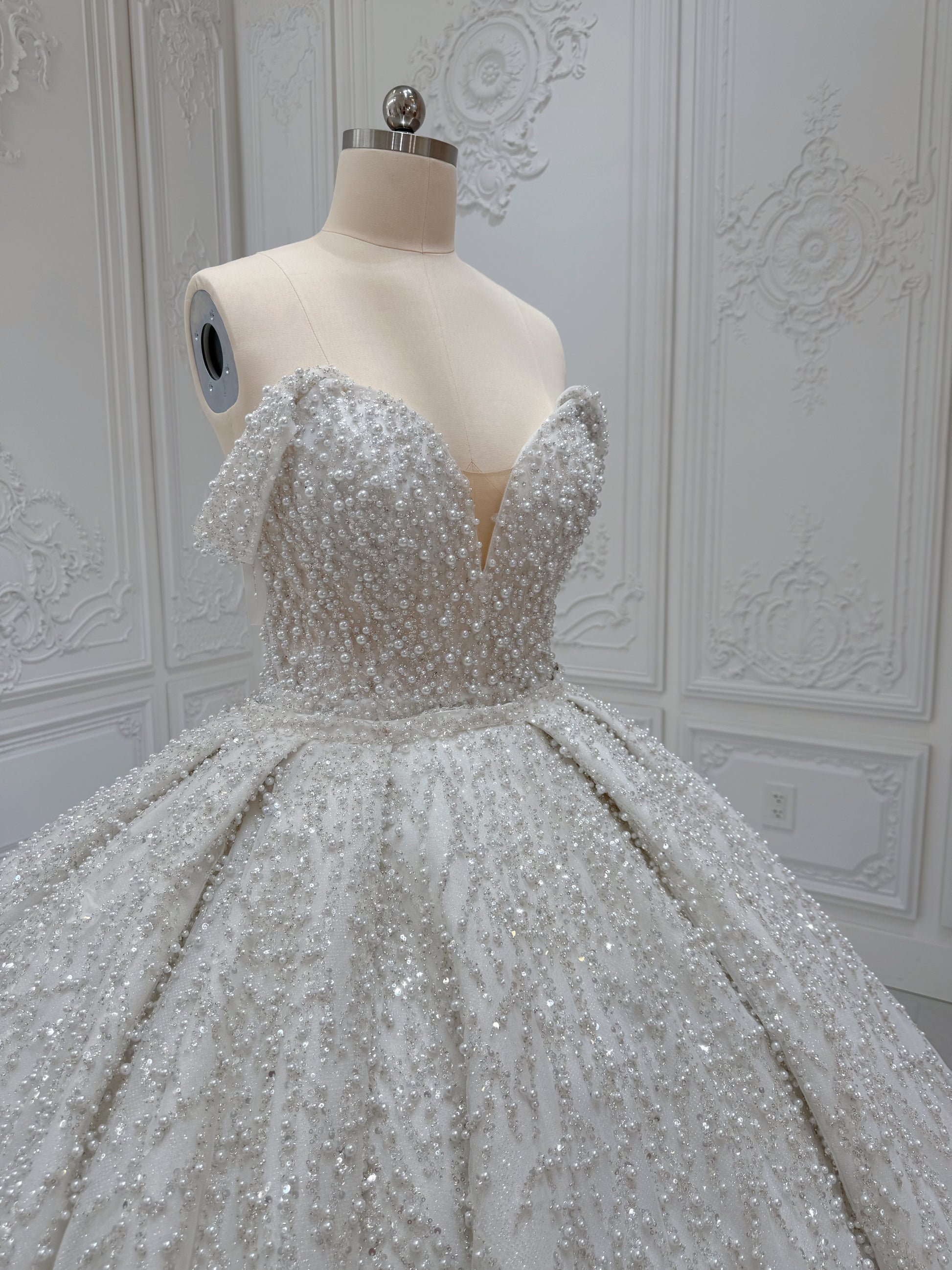 TBC-2IN1-008 Stock of pearl with beading lace off the shoulder 2 in 1 ballgown/mermaid wedding dress with detachable full skirt - Ting's Bridal Collection