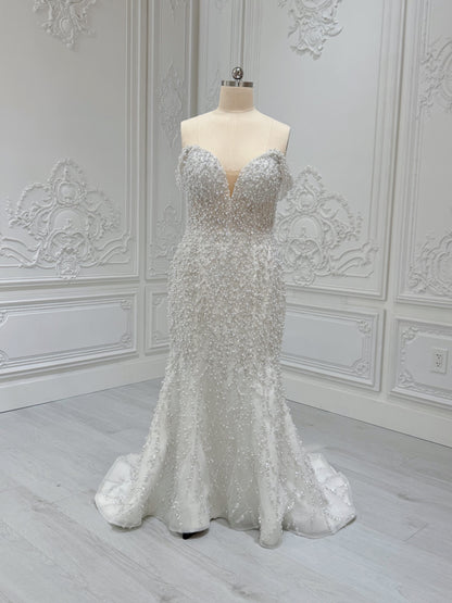 TBC-2IN1-008 Stock of pearl with beading lace off the shoulder 2 in 1 ballgown/mermaid wedding dress with detachable full skirt - Ting's Bridal Collection