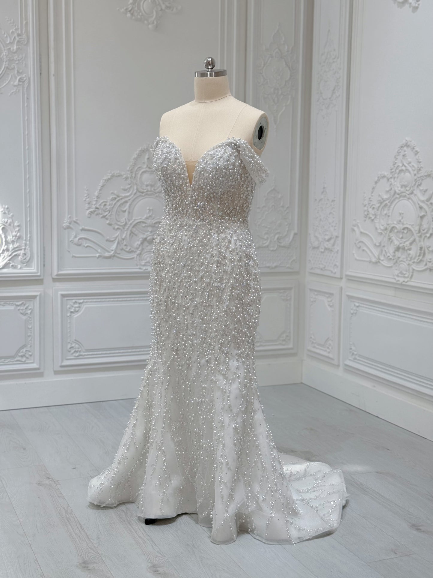 TBC-2IN1-008 Stock of pearl with beading lace off the shoulder 2 in 1 ballgown/mermaid wedding dress with detachable full skirt - Ting's Bridal Collection