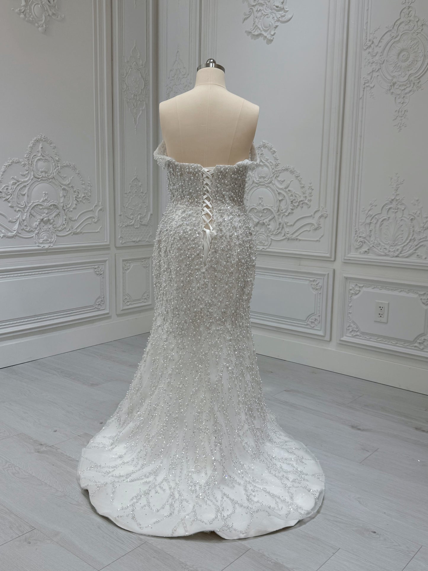 TBC-2IN1-008 Stock of pearl with beading lace off the shoulder 2 in 1 ballgown/mermaid wedding dress with detachable full skirt - Ting's Bridal Collection