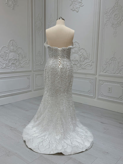 TBC-2IN1-008 Stock of pearl with beading lace off the shoulder 2 in 1 ballgown/mermaid wedding dress with detachable full skirt - Ting's Bridal Collection