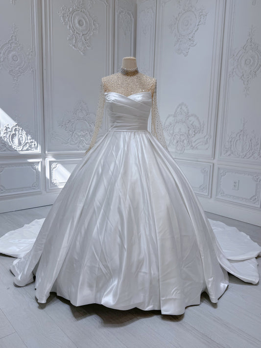 Custom-made White pleated satin Aline wedding dress with detachable high neck long sleeve beading top piece - Ting's Bridal Collection