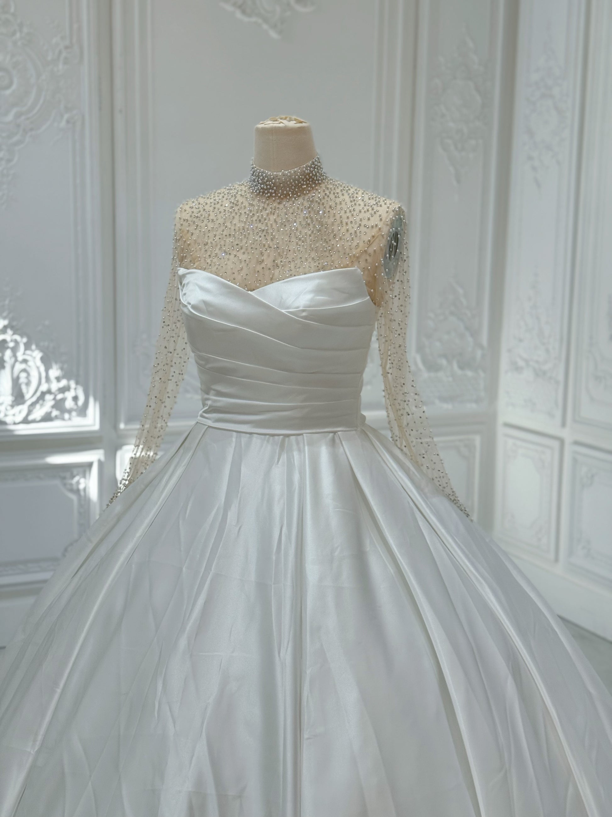 Custom-made White pleated satin Aline wedding dress with detachable high neck long sleeve beading top piece - Ting's Bridal Collection