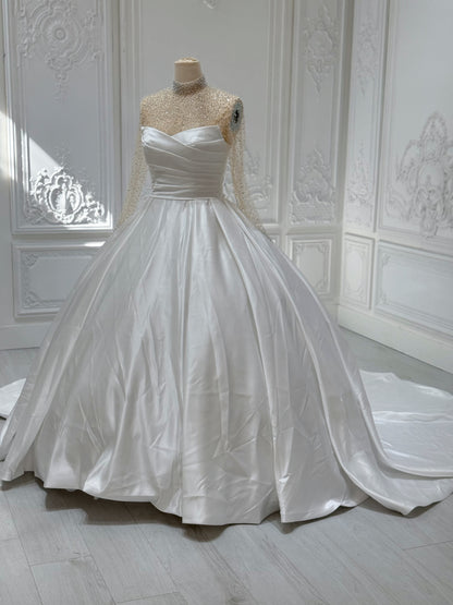 Custom-made White pleated satin Aline wedding dress with detachable high neck long sleeve beading top piece - Ting's Bridal Collection