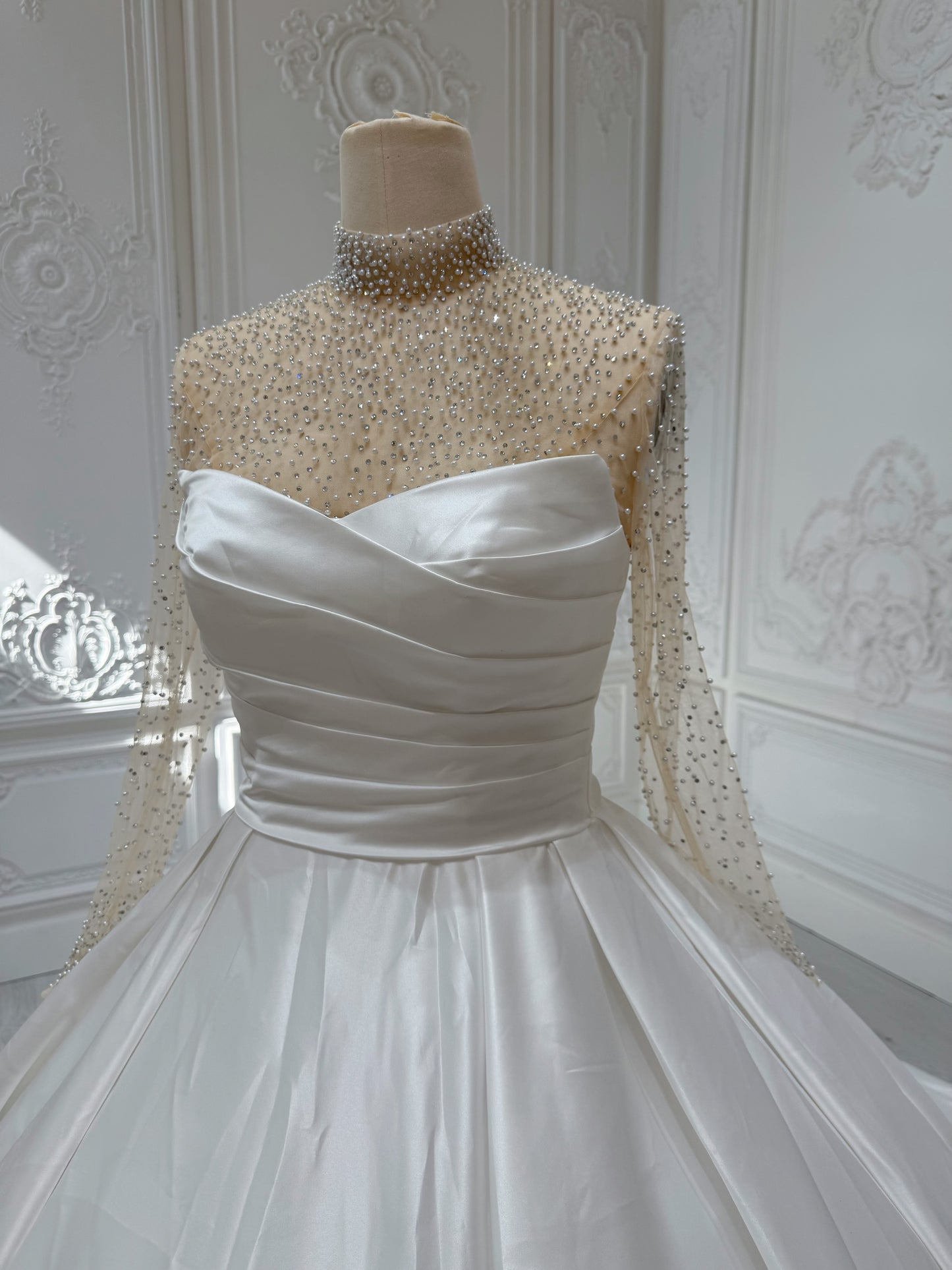 Custom-made White pleated satin Aline wedding dress with detachable high neck long sleeve beading top piece - Ting's Bridal Collection