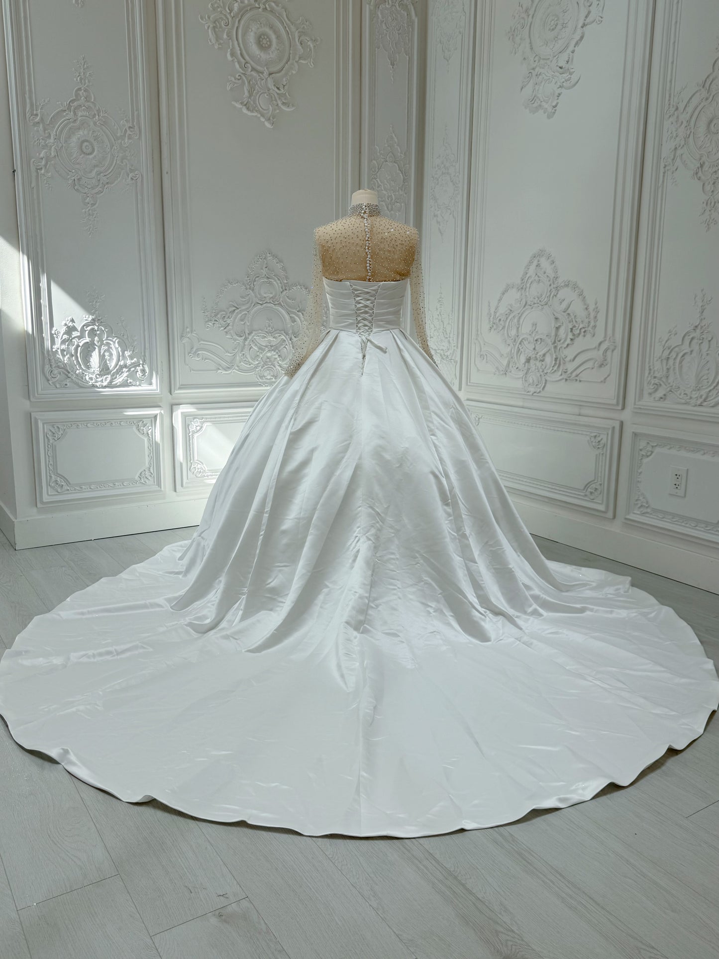 Custom-made White pleated satin Aline wedding dress with detachable high neck long sleeve beading top piece - Ting's Bridal Collection