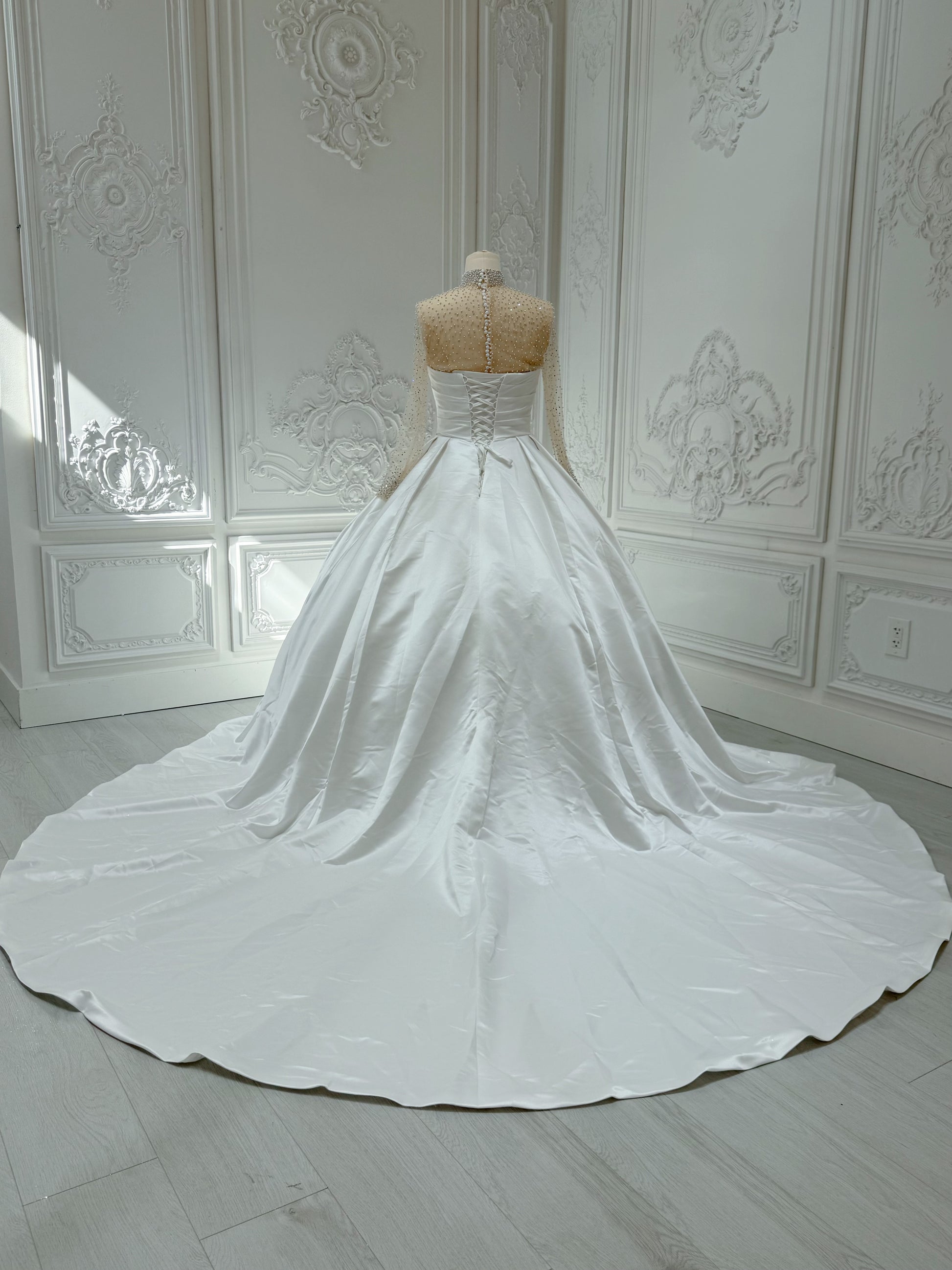 Custom-made White pleated satin Aline wedding dress with detachable high neck long sleeve beading top piece - Ting's Bridal Collection