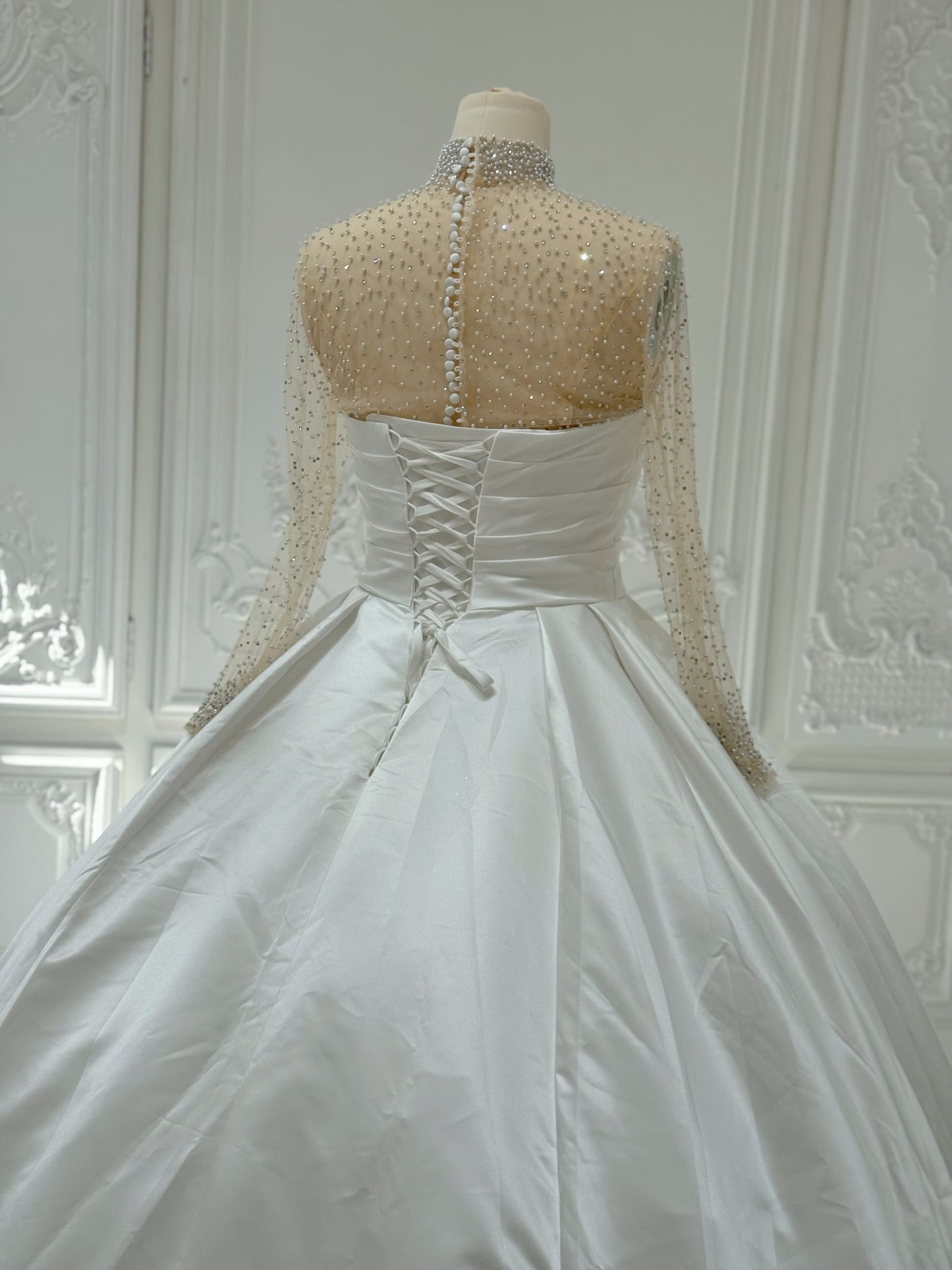 Custom-made White pleated satin Aline wedding dress with detachable high neck long sleeve beading top piece - Ting's Bridal Collection