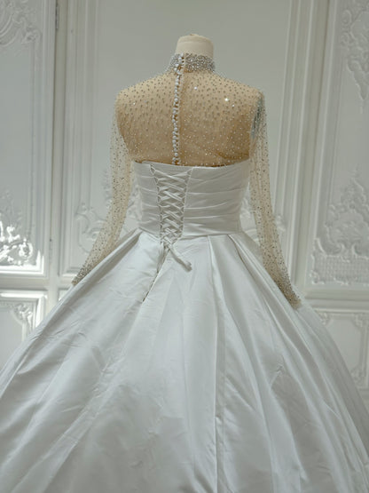 Custom-made White pleated satin Aline wedding dress with detachable high neck long sleeve beading top piece - Ting's Bridal Collection