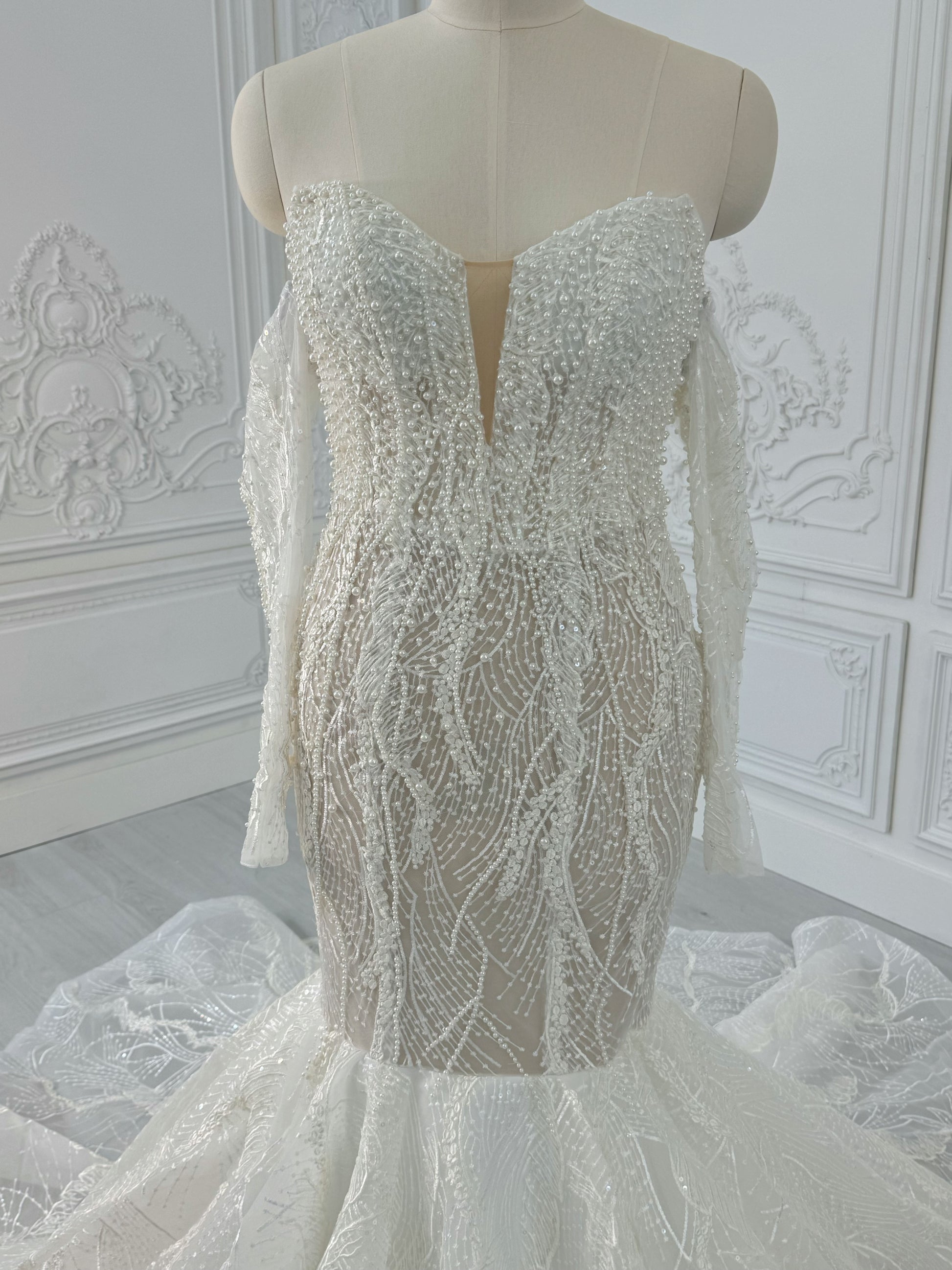 TBC-A007 Ivory pearl beading lace embroidered mermaid wedding dress - Ting's Bridal Collection