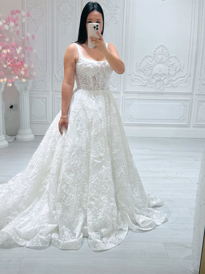 Stock Sale! Custom-made luxury 3D beading floral lace with straight neckline Aline wedding dress - Ting's Bridal Collection