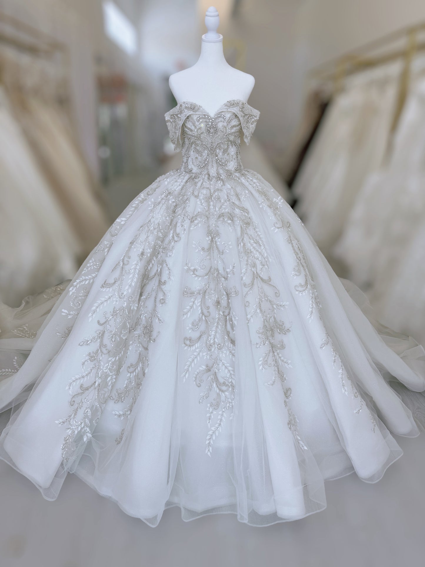 TBC-CM013 Made to order beading 3D lace embroidered off the shoulder princess ballgown fairy wedding dress - Ting's Bridal Collection