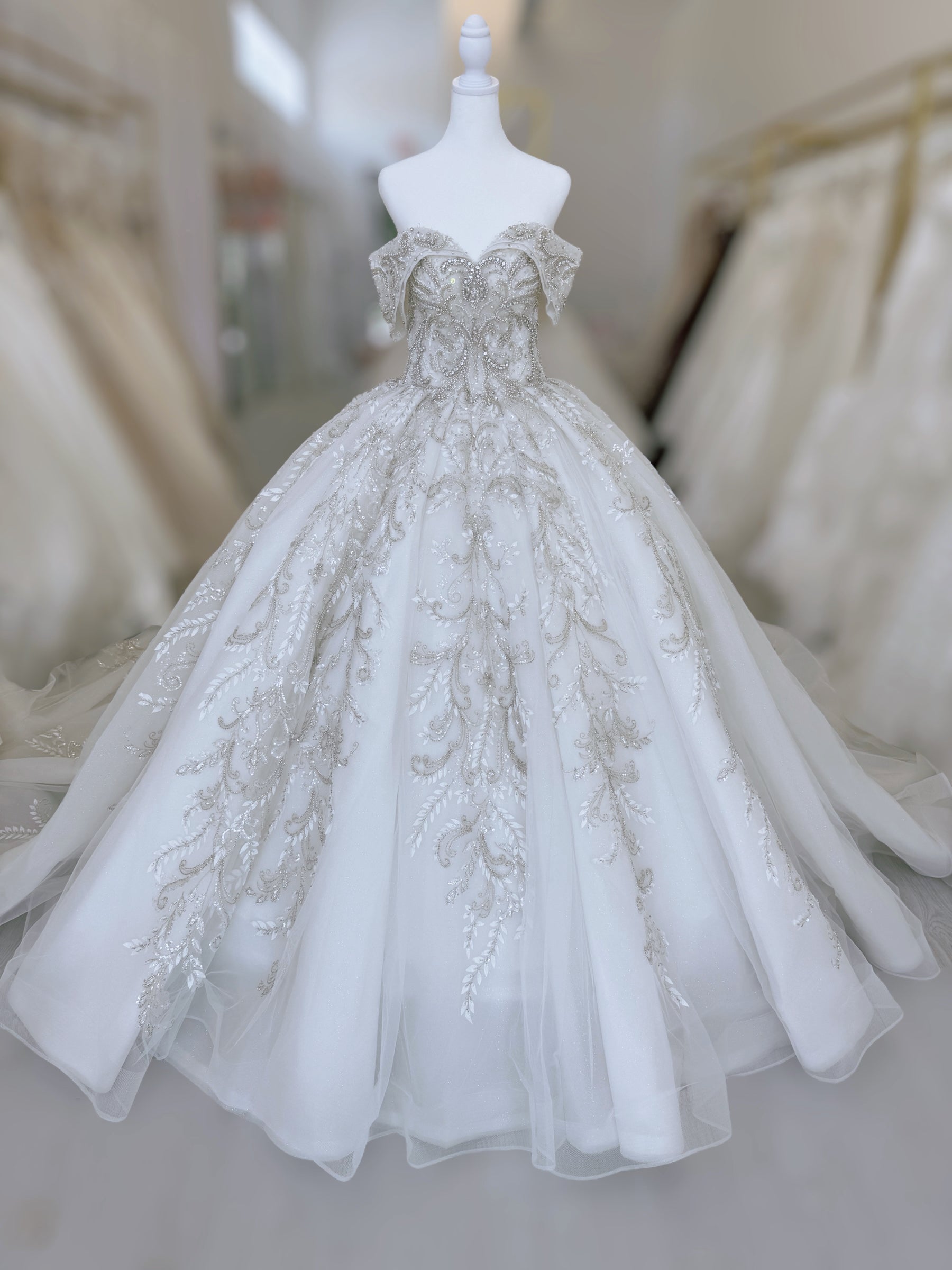 TBC-CM013 Made to order beading 3D lace embroidered off the shoulder princess ballgown fairy wedding dress - Ting's Bridal Collection