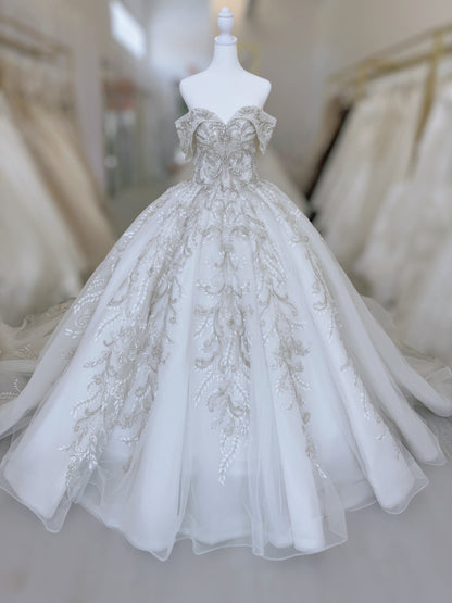 TBC-CM013 Made to order beading 3D lace embroidered off the shoulder princess ballgown fairy wedding dress - Ting's Bridal Collection