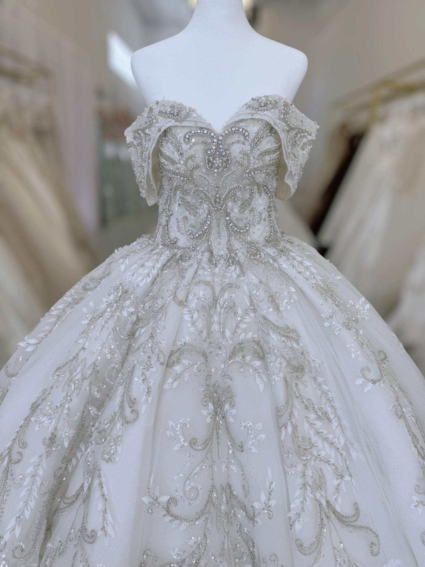 TBC-CM013 Made to order beading 3D lace embroidered off the shoulder princess ballgown fairy wedding dress - Ting's Bridal Collection