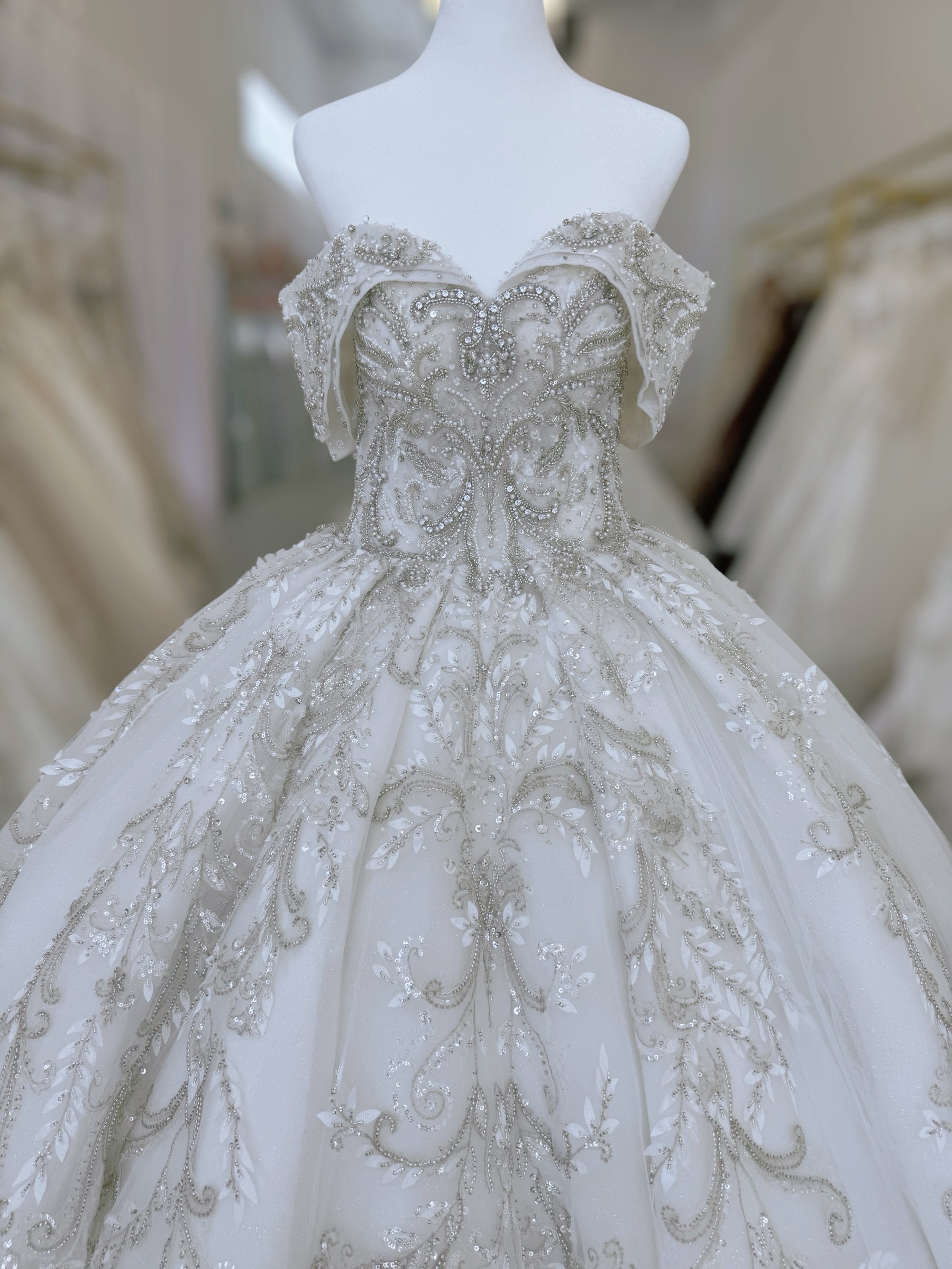 TBC-CM013 Made to order beading 3D lace embroidered off the shoulder princess ballgown fairy wedding dress - Ting's Bridal Collection