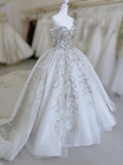 TBC-CM013 Made to order beading 3D lace embroidered off the shoulder princess ballgown fairy wedding dress - Ting's Bridal Collection