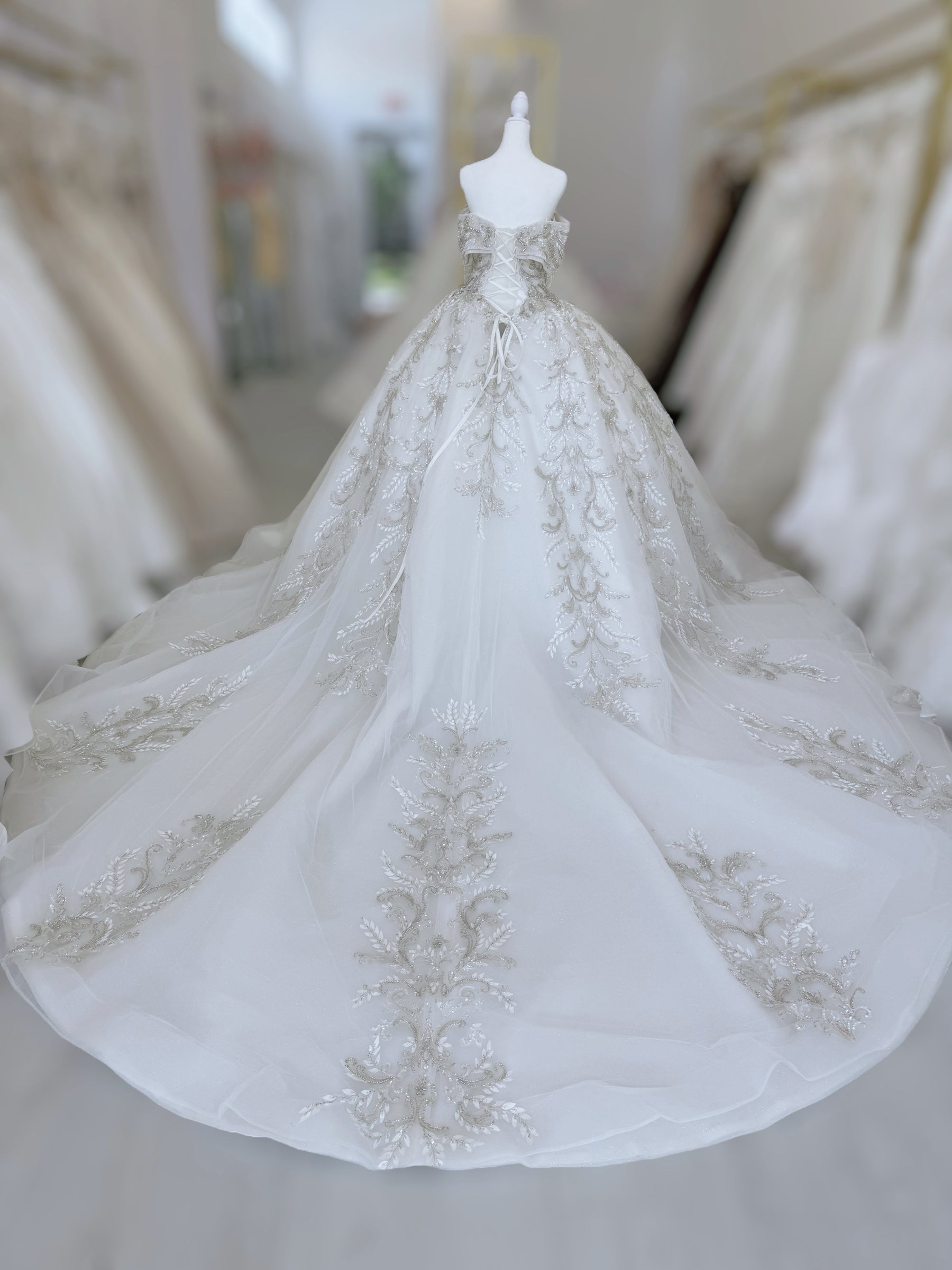 TBC-CM013 Made to order beading 3D lace embroidered off the shoulder princess ballgown fairy wedding dress - Ting's Bridal Collection