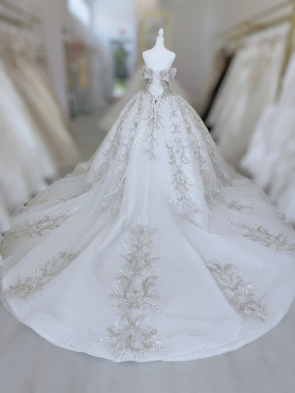 TBC-CM013 Made to order beading 3D lace embroidered off the shoulder princess ballgown fairy wedding dress - Ting's Bridal Collection