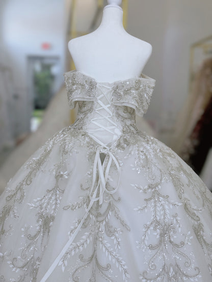 TBC-CM013 Made to order beading 3D lace embroidered off the shoulder princess ballgown fairy wedding dress - Ting's Bridal Collection