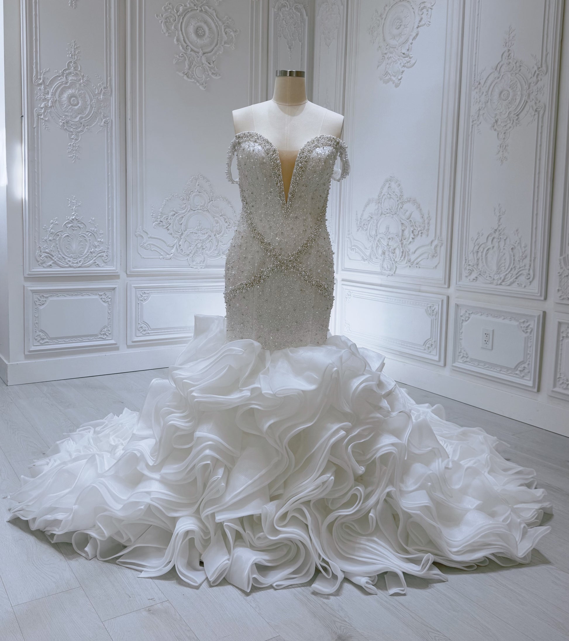 Custom-made luxury Pearl with beading lace off the shoulder mermaid wedding dress with ruffled skirt - Ting's Bridal Collection