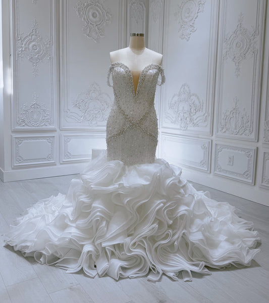 Custom-made luxury Pearl with beading lace off the shoulder mermaid wedding dress with ruffled skirt - Ting's Bridal Collection