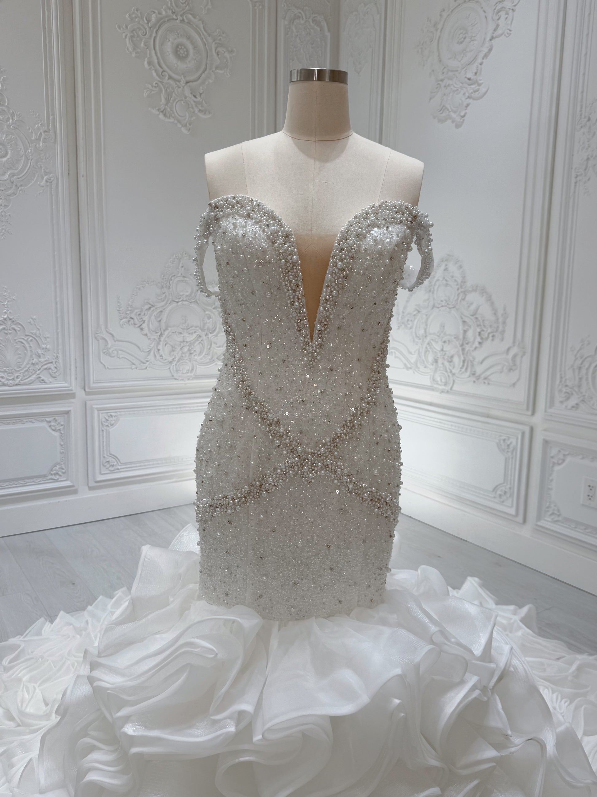 Custom-made luxury Pearl with beading lace off the shoulder mermaid wedding dress with ruffled skirt - Ting's Bridal Collection