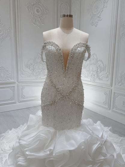 Custom-made luxury Pearl with beading lace off the shoulder mermaid wedding dress with ruffled skirt - Ting's Bridal Collection