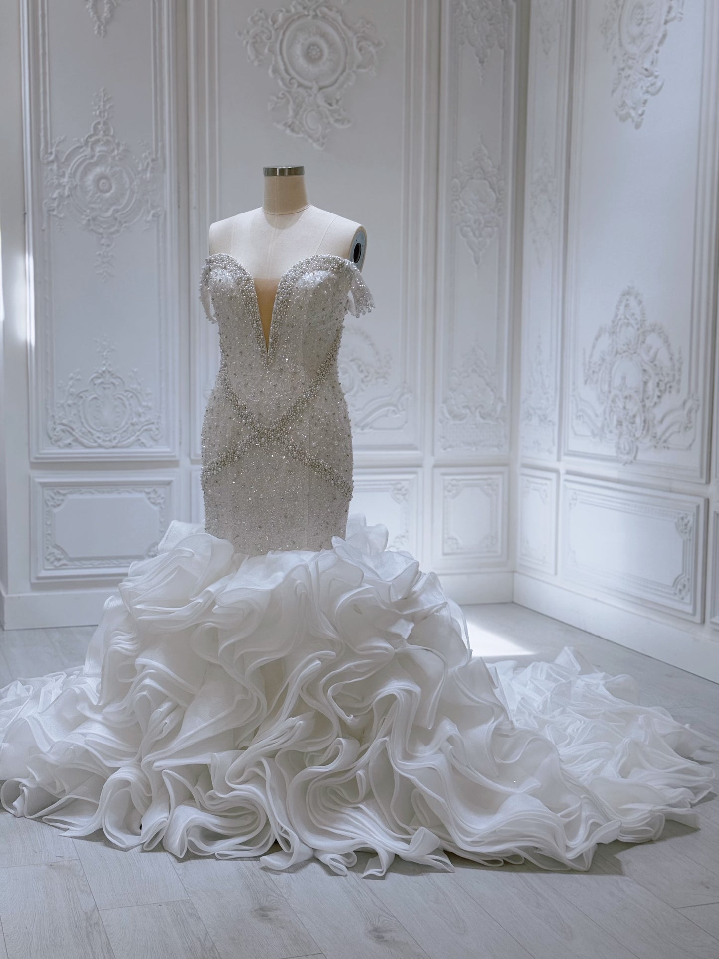 Custom-made luxury Pearl with beading lace off the shoulder mermaid wedding dress with ruffled skirt - Ting's Bridal Collection