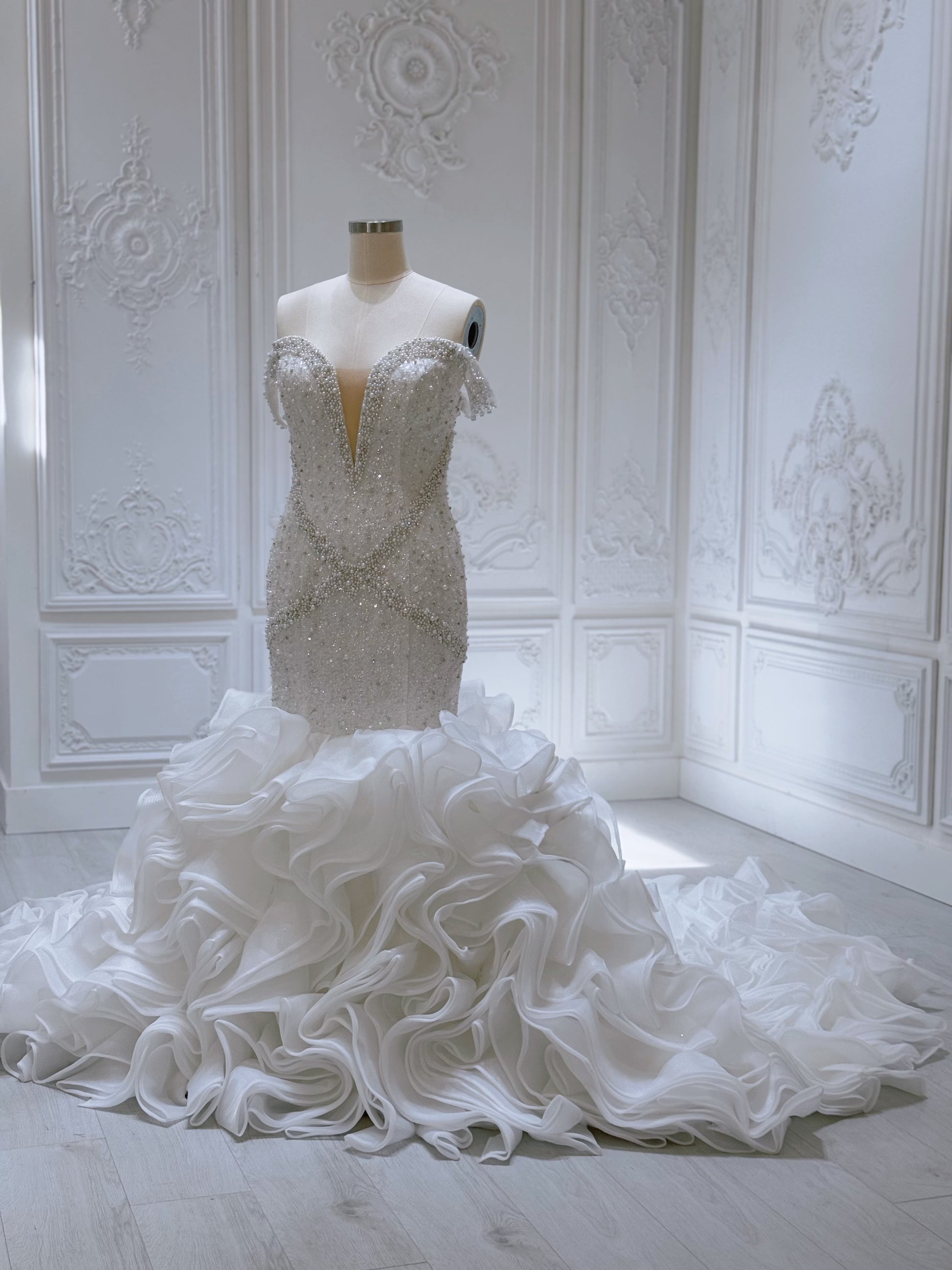 Custom-made luxury Pearl with beading lace off the shoulder mermaid wedding dress with ruffled skirt - Ting's Bridal Collection