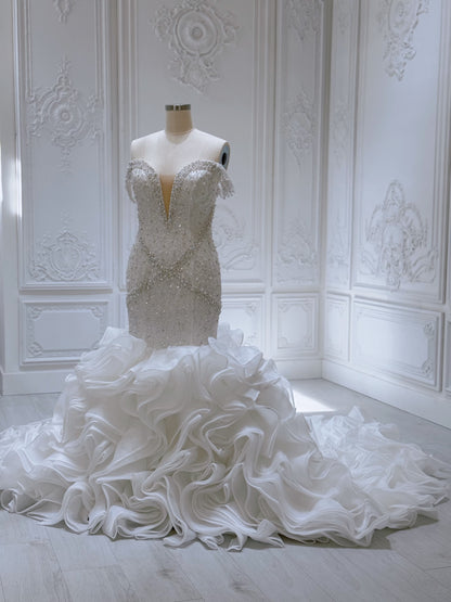 Custom-made luxury Pearl with beading lace off the shoulder mermaid wedding dress with ruffled skirt - Ting's Bridal Collection