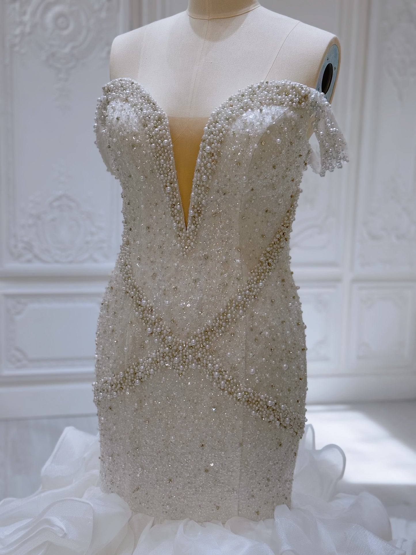 Custom-made luxury Pearl with beading lace off the shoulder mermaid wedding dress with ruffled skirt - Ting's Bridal Collection