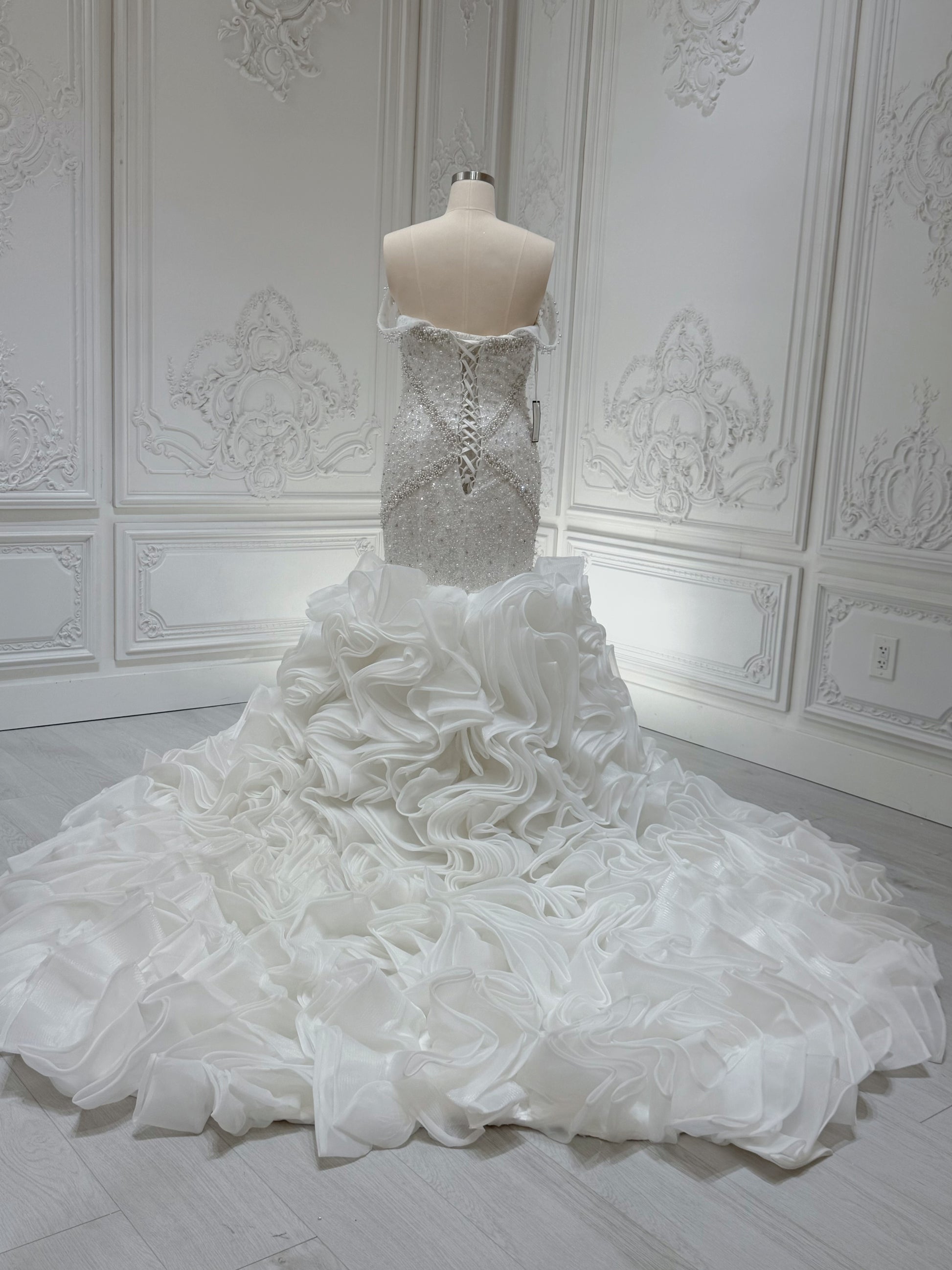 Custom-made luxury Pearl with beading lace off the shoulder mermaid wedding dress with ruffled skirt - Ting's Bridal Collection