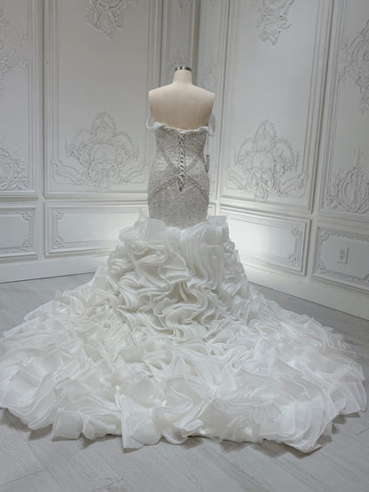 Custom-made luxury Pearl with beading lace off the shoulder mermaid wedding dress with ruffled skirt - Ting's Bridal Collection